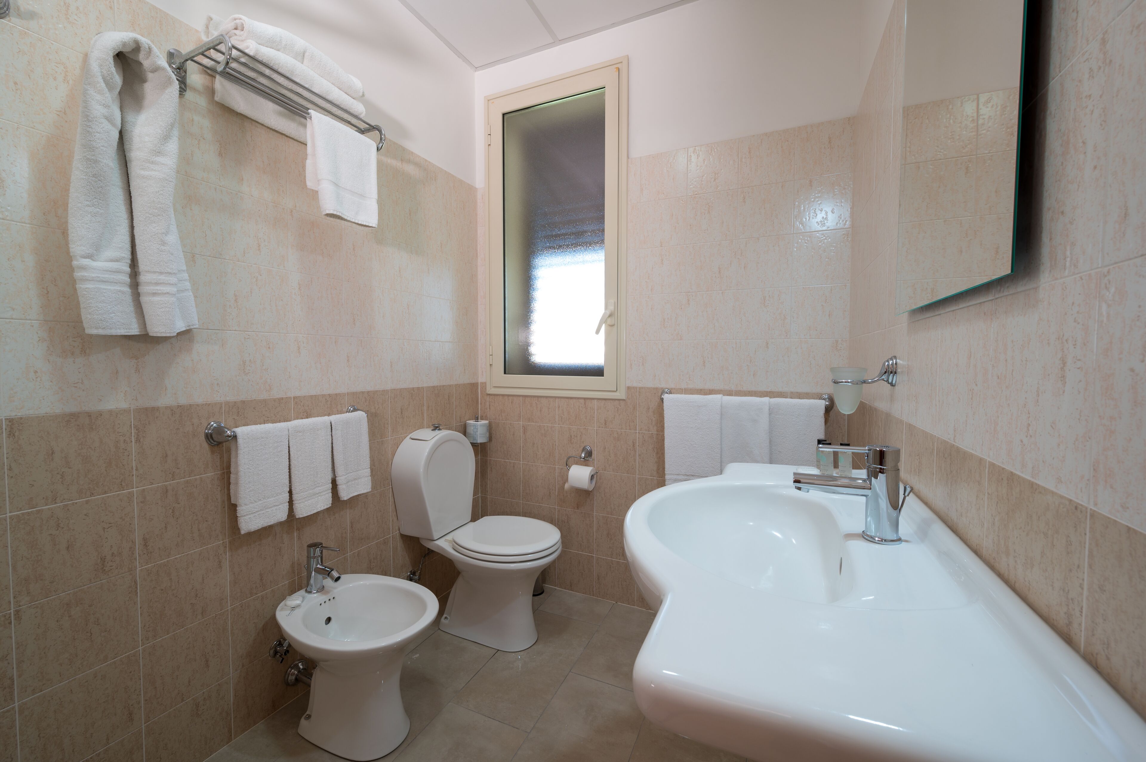 Une salle de bain équipée de toilettes, d’un bidet et d’un lavabo.