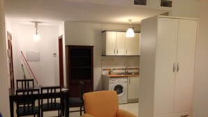 Un espacio habitable compacto con comedor, cocina equipada con lavadora y armario.