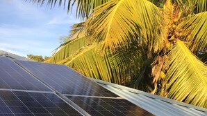 Solar panels installed on a building with a view of palm trees. - Belize Blue Hole Tropical Cabin for Scuba divers! (Lighthouse Reef)