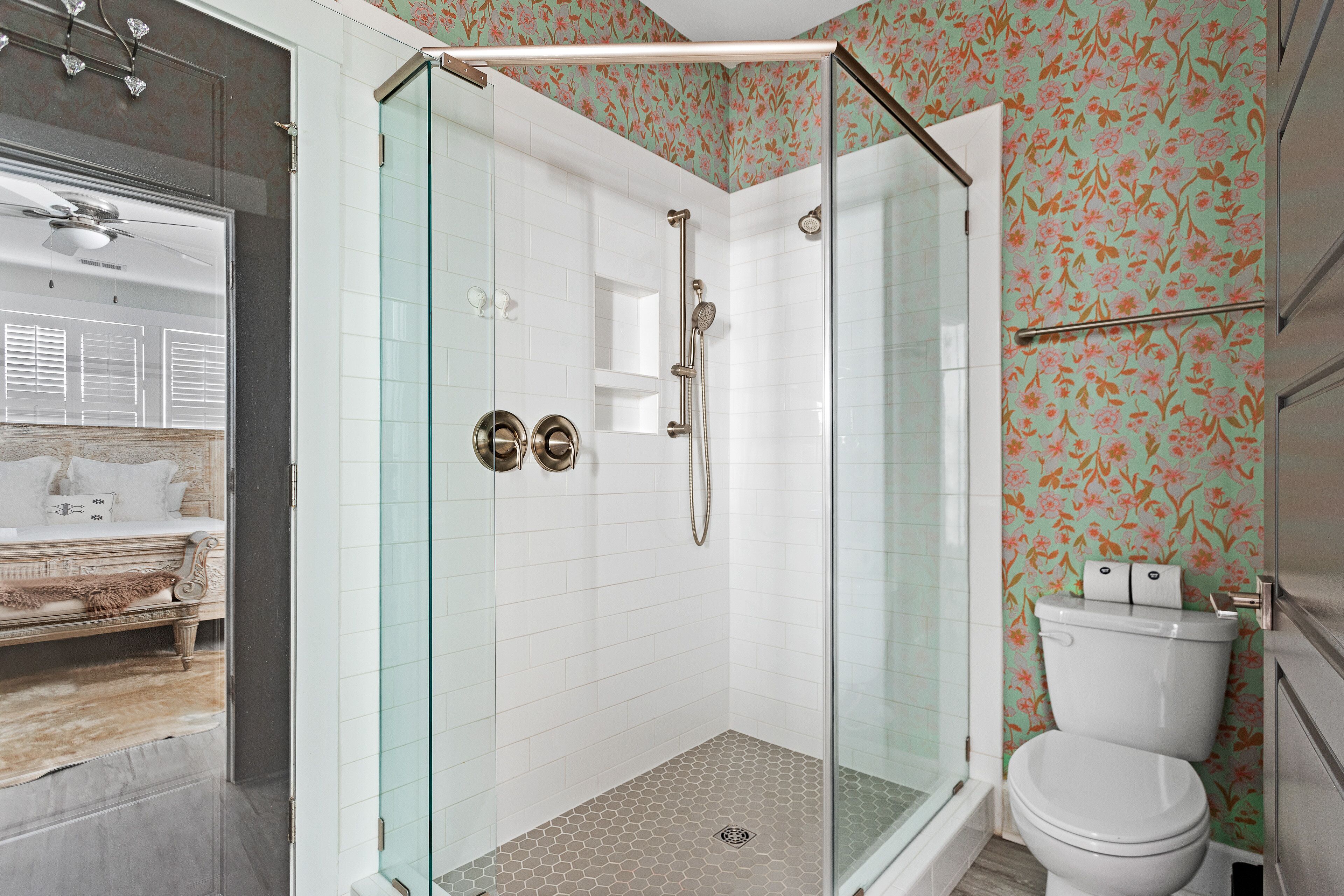 Hair dryer, soap, shampoo, toilet paper