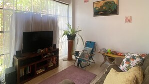 Ein Wohnzimmer mit Holzboden, einem Fernseher auf einem Holztisch, einer Couch mit Kissen, einem Sessel und einer Topfpflanze.