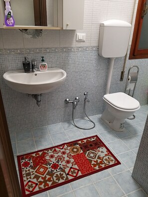 Shower, designer toiletries, hair dryer, bidet