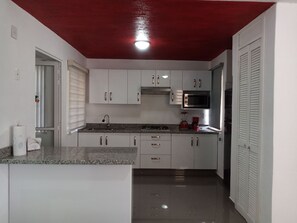 Microondas, cafetera y tetera y utensilios de cocina 