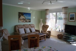 Smart-TV, Kamin, DVD-Player, Bücher