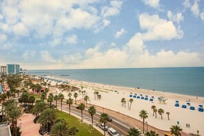 A beach with palm trees, a road, and buildings in the background.