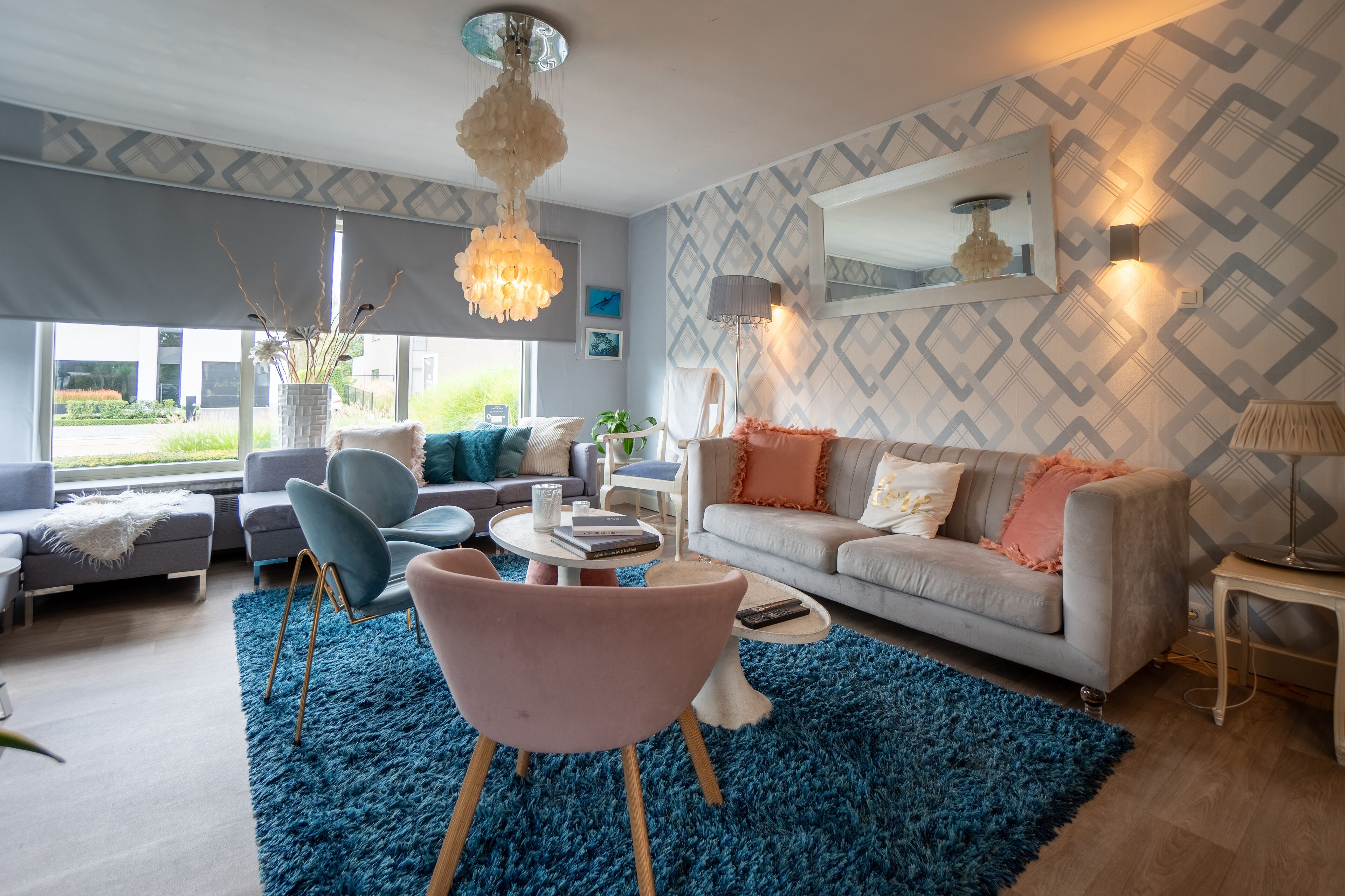 TV, fireplace, books