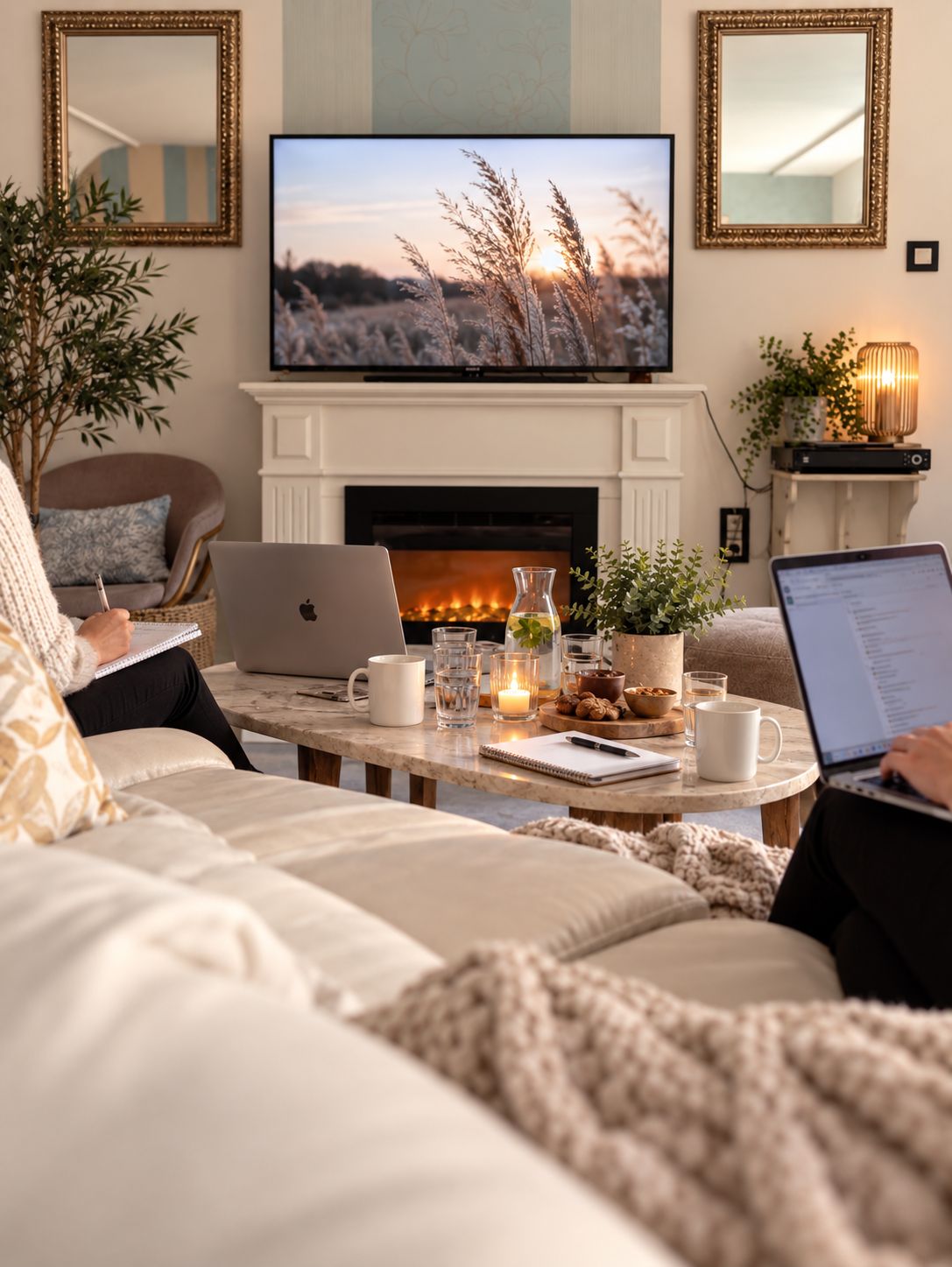 A cozy living room with a fireplace, a television, and a comfortable seating area.