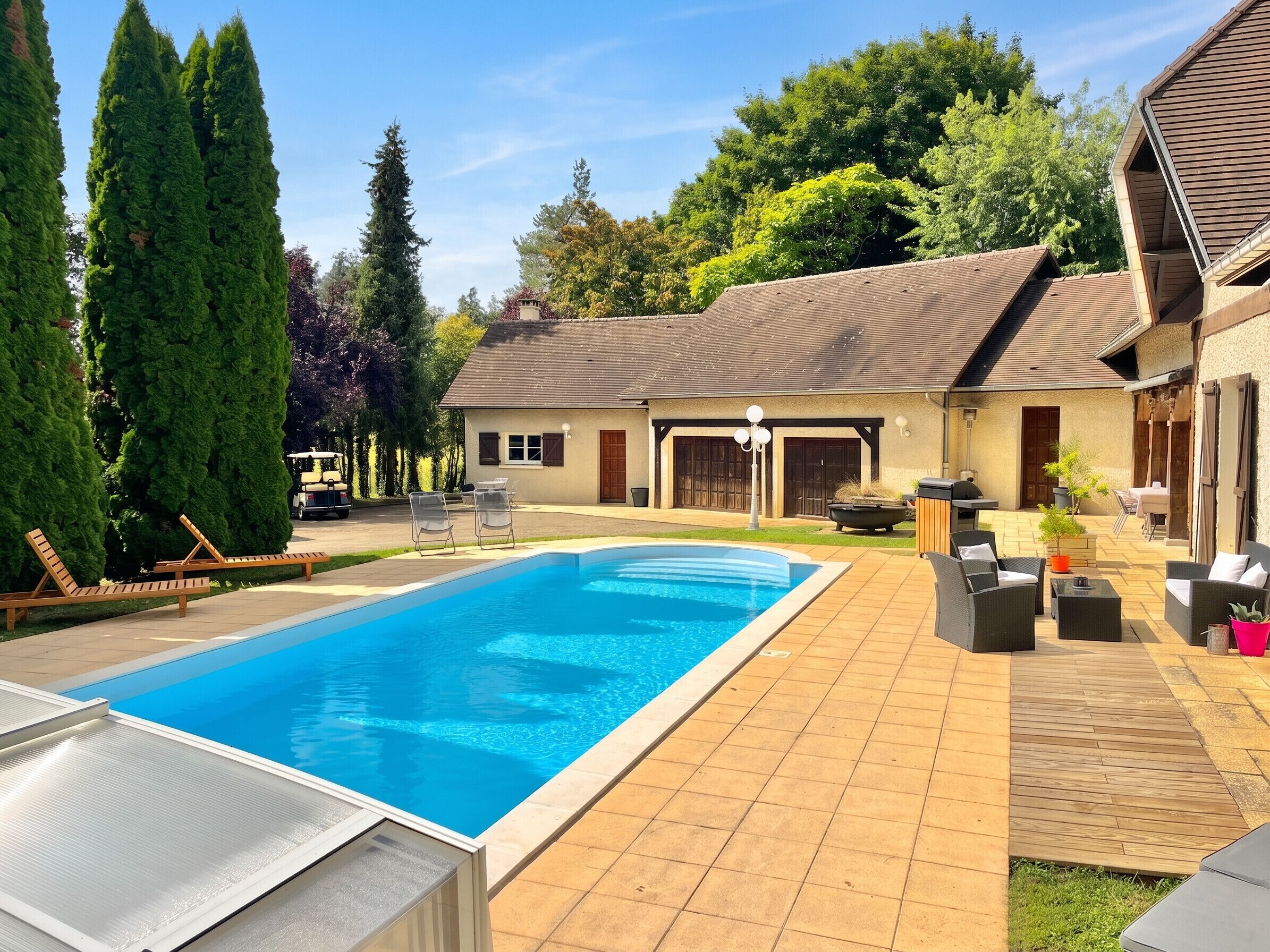 Una piscina con zona de patio, mobiliario exterior y una casa con techo inclinado.