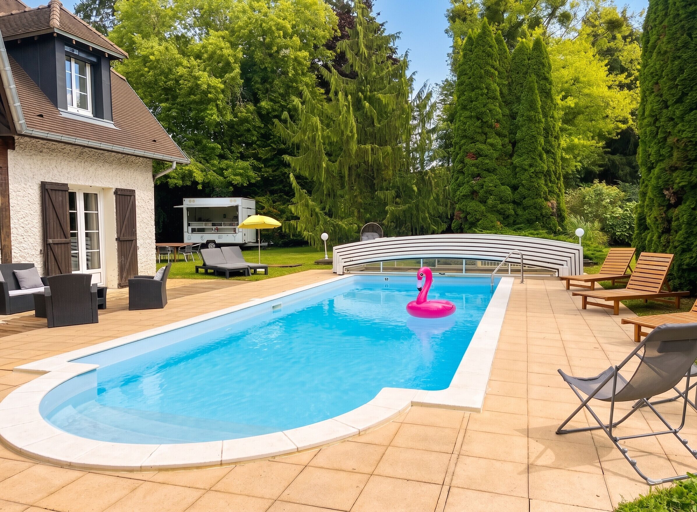 Une piscine agrémentée d’un flotteur en forme de flamant rose, entourée de chaises longues et d’un espace repas avec du mobilier d’extérieur.