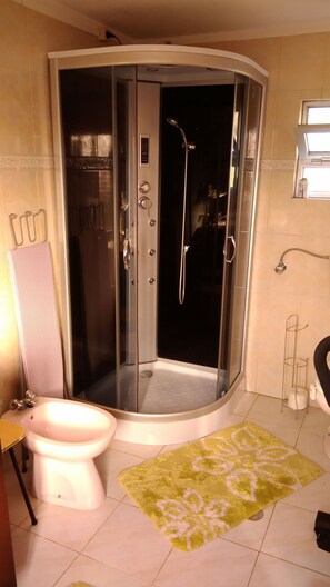 Regadera, secadora de cabello, bidet, toallas 