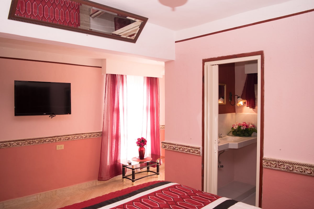 A pink-themed hotel room with a TV, a small table with a vase, a bed with a patterned bedspread, and a bathroom visible through an open door.