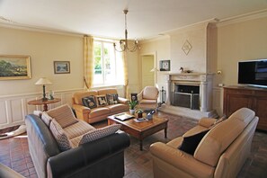 TV, fireplace, video games, video library