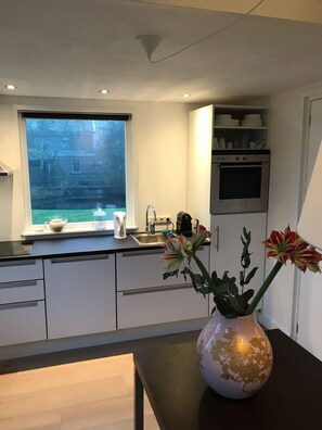 A modern kitchen with a window, sink, and a vase with flowers on the counter.