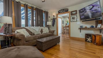 Smart TV, fireplace, books, stereo