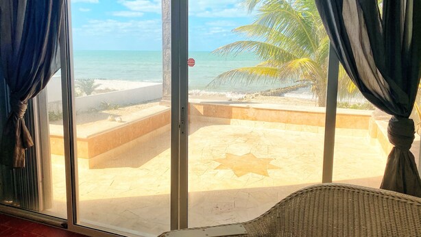 Une chambre avec vue sur une plage et des palmiers, visible à travers une porte vitrée.
