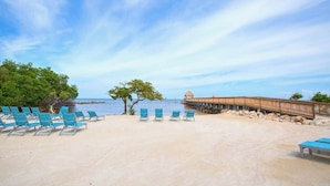 A beach with rows of blue lounge chairs and a wooden pier extending into the water.