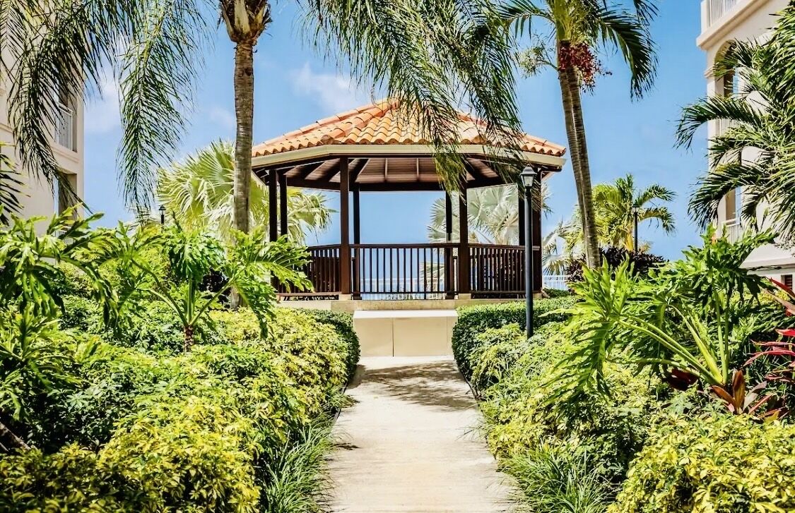 A covered gazebo surrounded by lush greenery and palm trees.