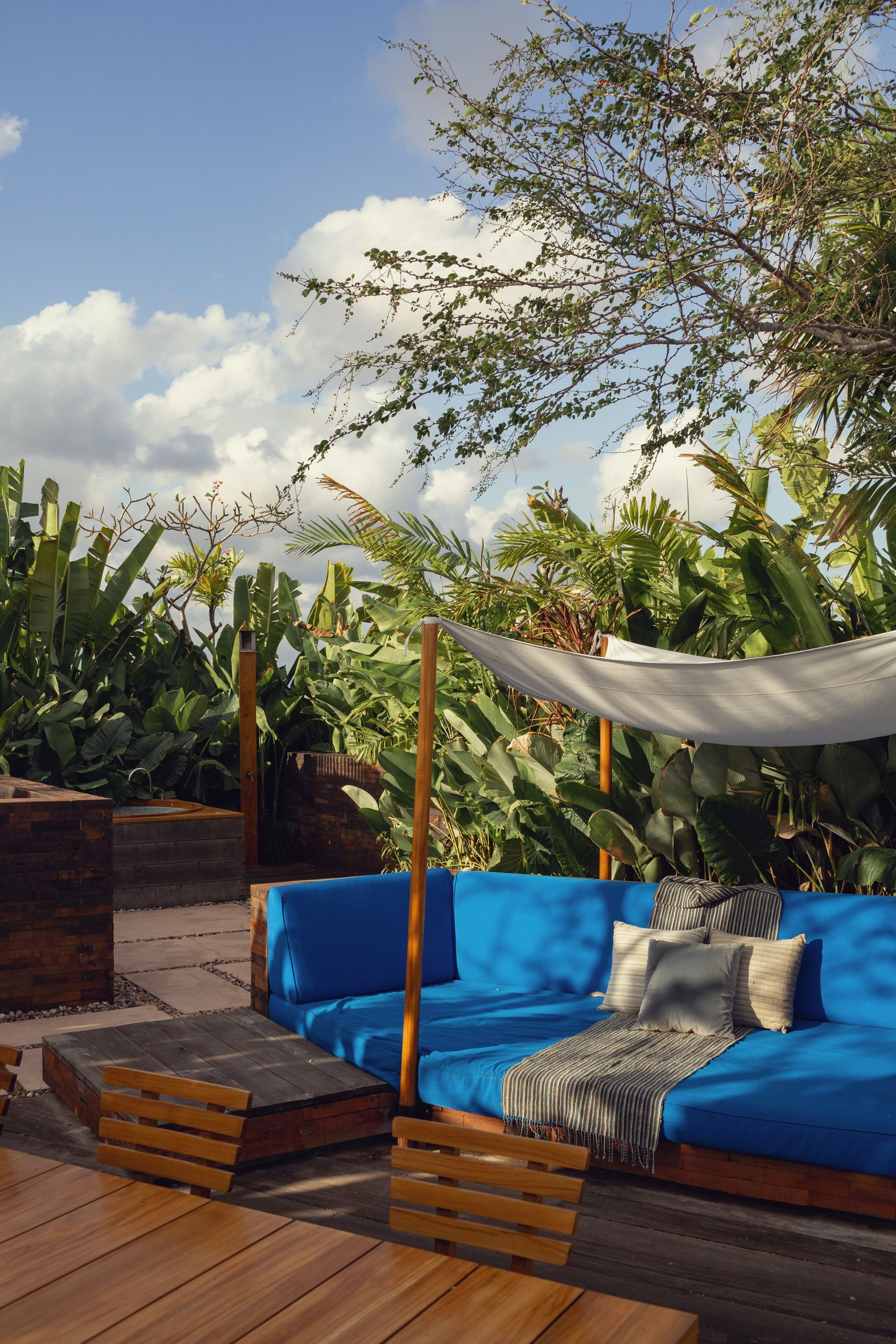 A blue outdoor seating area with wooden benches and a canopy, surrounded by lush greenery and large plants.