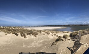 On the beach, sun-loungers