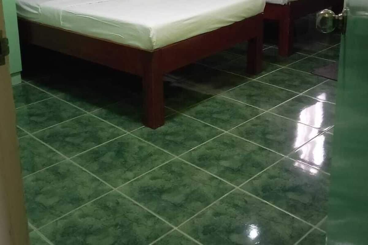 Two single beds with wooden headboards and white bedding, a small table with a lamp, and a window with curtains.