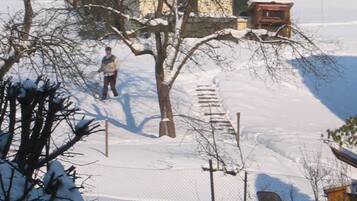 Schneebedeckte Landschaft mit einem kleinen Gebäude, einer Person davor und einem Baum im Vordergrund.