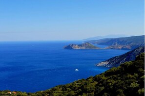 A coastal landscape with a clear view of the sea and a small island.