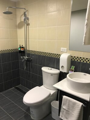 Een douche, een regendouche, gratis toiletartikelen, een haardroger