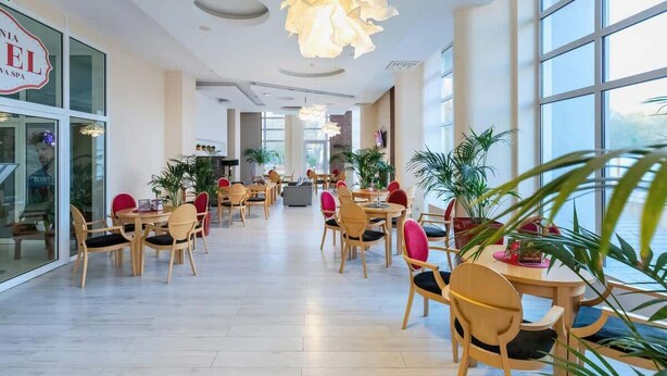 A spacious hotel lobby with multiple dining tables and chairs, large windows, and indoor plants.