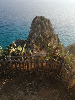 A coastal landscape with a rocky outcrop and a wooden fence. - Villa Mare (Capo Vaticano)