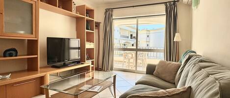 A living room with a sofa, TV, shelves, and a balcony view.