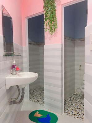 A bathroom with a white sink, a mirror, a shower, and a green plant hanging from the ceiling. - Seaside House Homestay - Hostel (Bac Nha Trang)