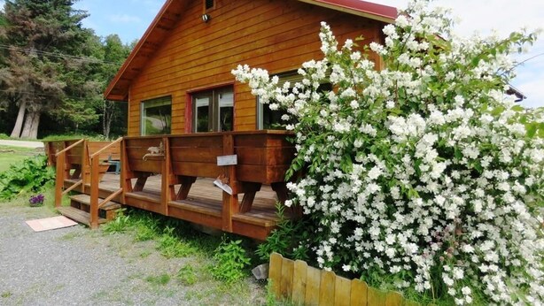 Une cabane en bois avec un toit rouge, une terrasse en bois et un jardin agrémenté de fleurs blanches.