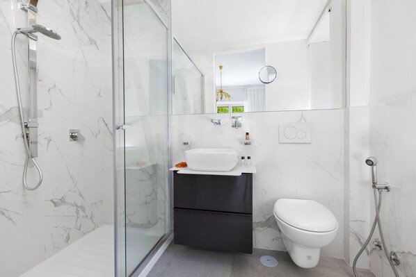 Shower, hair dryer, towels