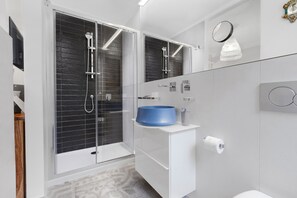 Shower, hair dryer, towels