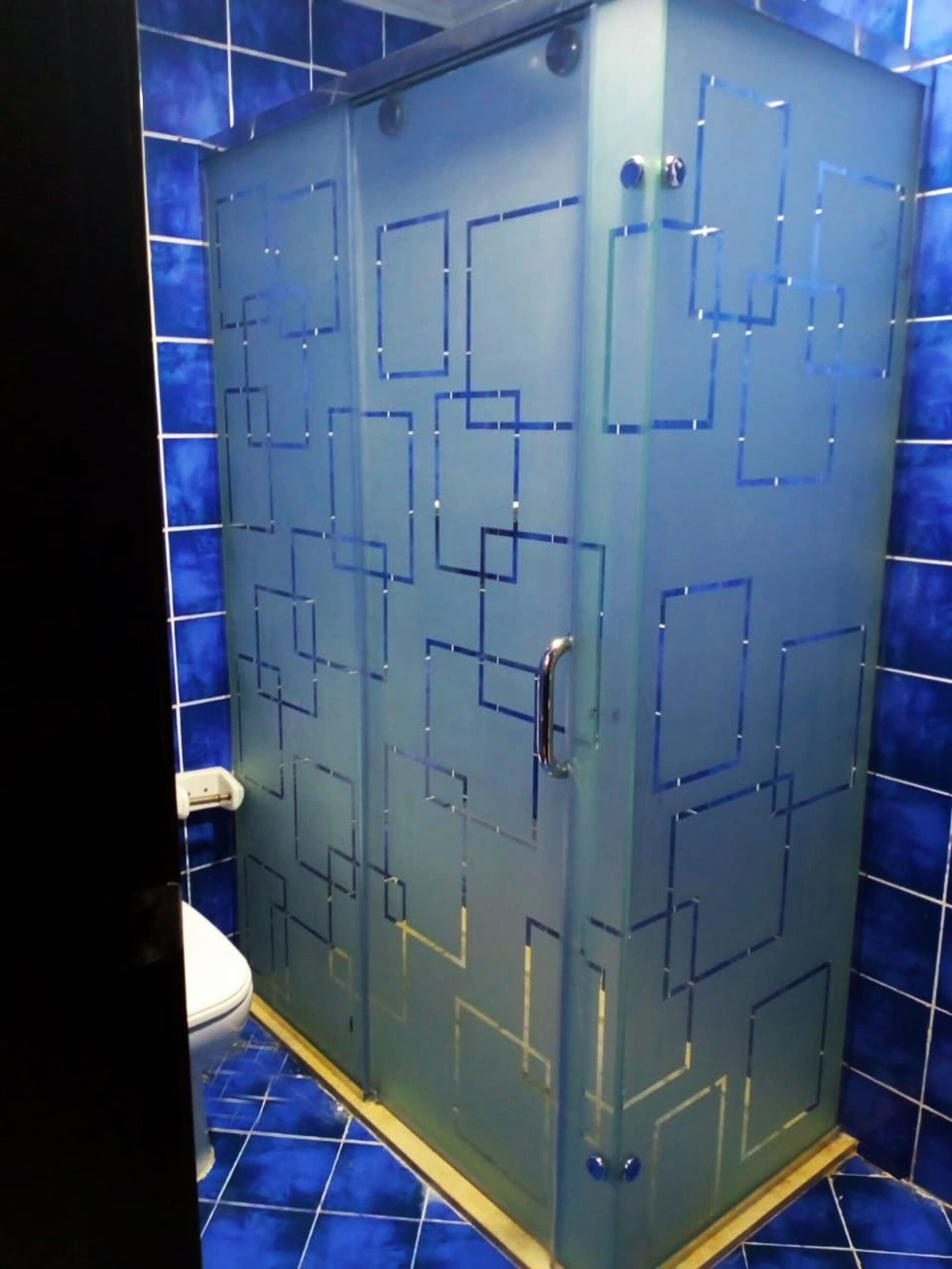 Shower, towels, soap, toilet paper