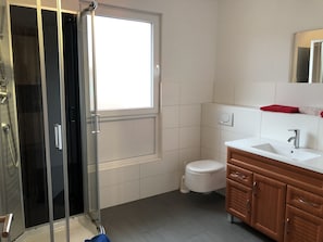 Dusche, Haartrockner, Handtücher, Seife