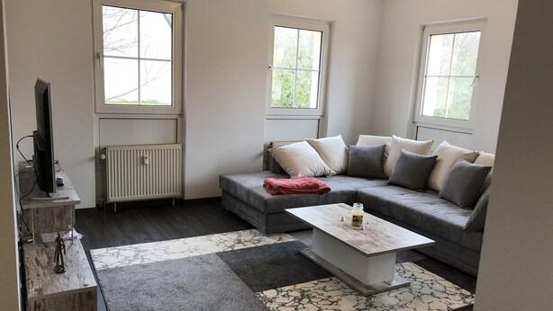 A modern living room with a grey sectional sofa, a white coffee table, and a large window providing natural light. - Ferienwohnungen Popp (Clausen)