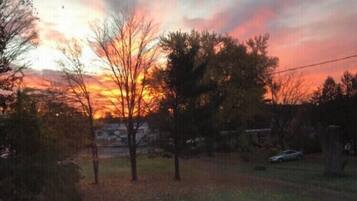 Un coucher de soleil sur une zone résidentielle, avec des arbres et une voiture garée au loin.