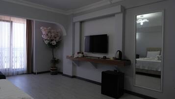 Habitación de hotel con televisión de pantalla plana, una planta en maceta, un espejo y una cama.