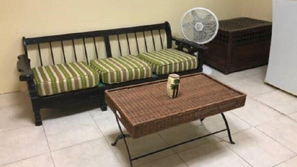 A room with a sofa, a fan, a coffee table, and a refrigerator. - Nature's Comfortable Suite (East End)