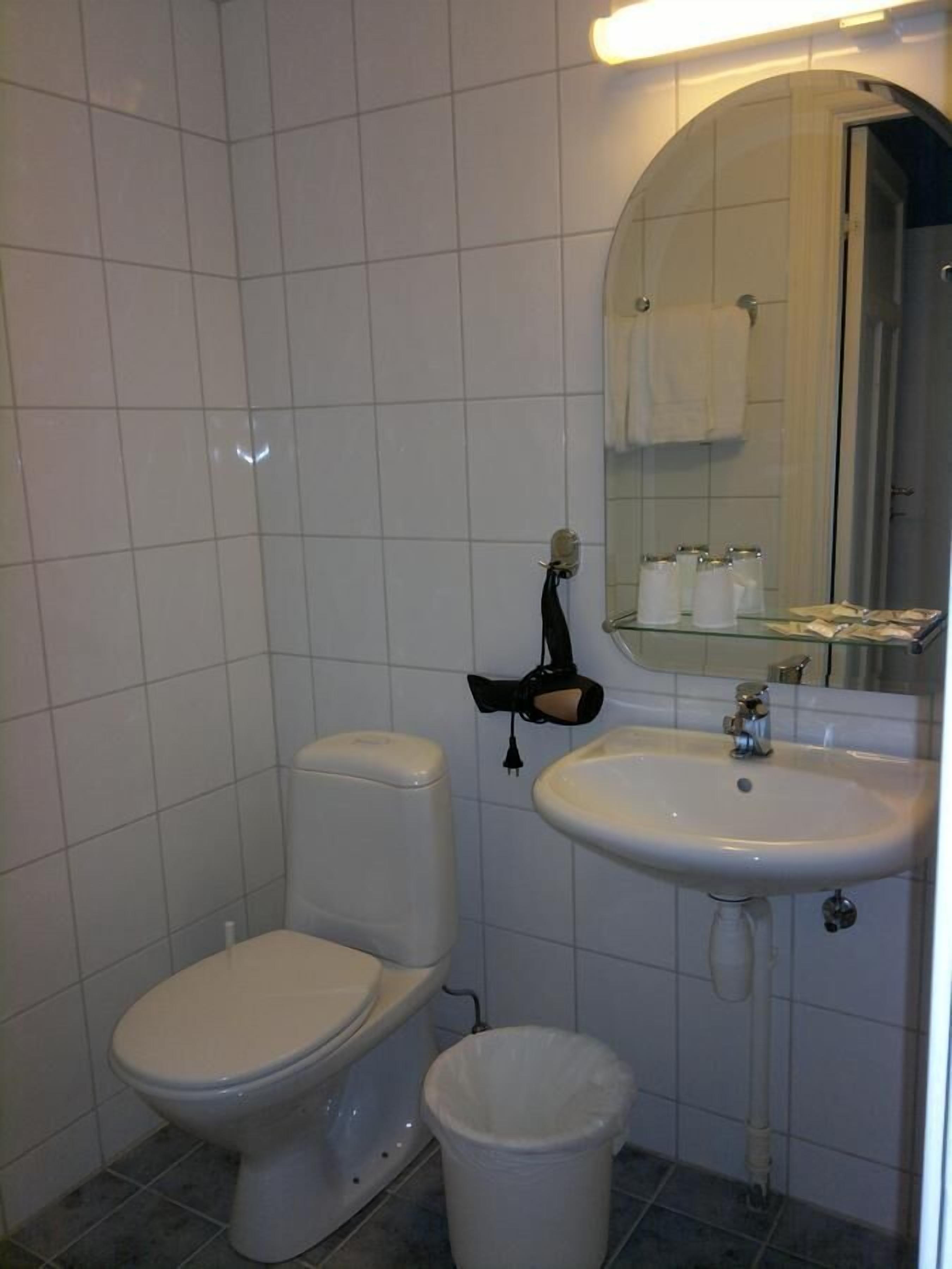 A bathroom with a toilet, sink, and mirror.