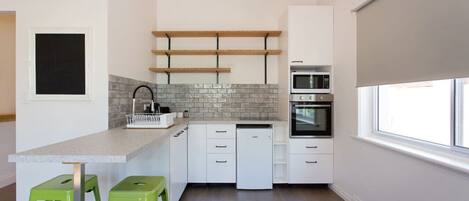 Fridge, microwave, coffee/tea maker, toaster