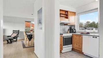 Fridge, stovetop, dishwasher, coffee/tea maker