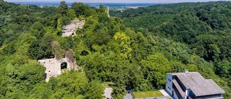 An aerial view of a property with a swimming pool, a stone structure, and lush greenery.