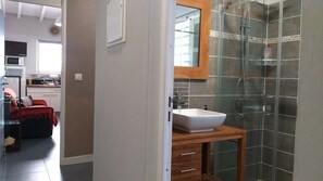 Shower, hair dryer, towels, soap - Beautiful F2 at Villa Didi, sea view, air conditioning, spa, pool, garden (Le Robert)