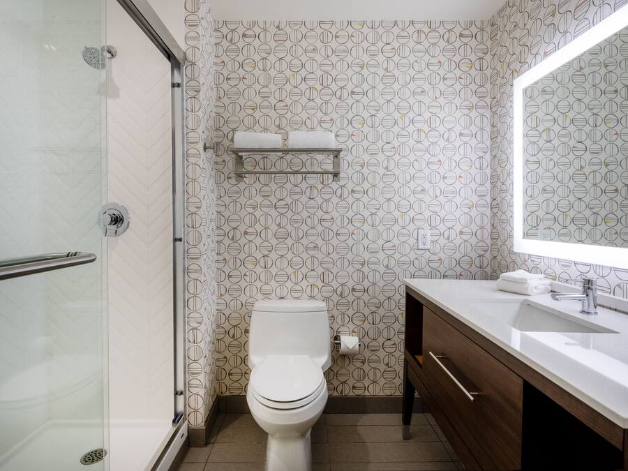A modern bathroom with a toilet, a shower, and a vanity with a mirror.