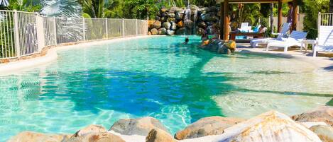 Outdoor pool, pool umbrellas, pool loungers