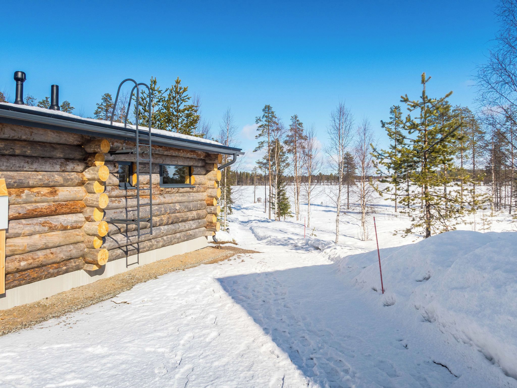 Una cabaña de troncos con una escalera metálica y ventanas, rodeada de nieve y árboles.