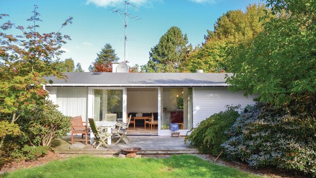Una casa moderna con un patio, una antena parabólica y un gran árbol al fondo.
