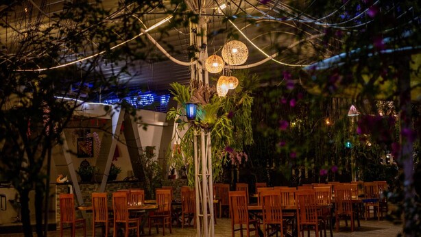 An outdoor dining area with wooden tables and chairs, surrounded by greenery and decorative lighting. - Nhat Quang Hotel (1 Bao Loc)